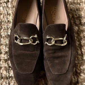 Salvatore Ferragamo Men's Dark Brown Suede Loafers with Gold Chain